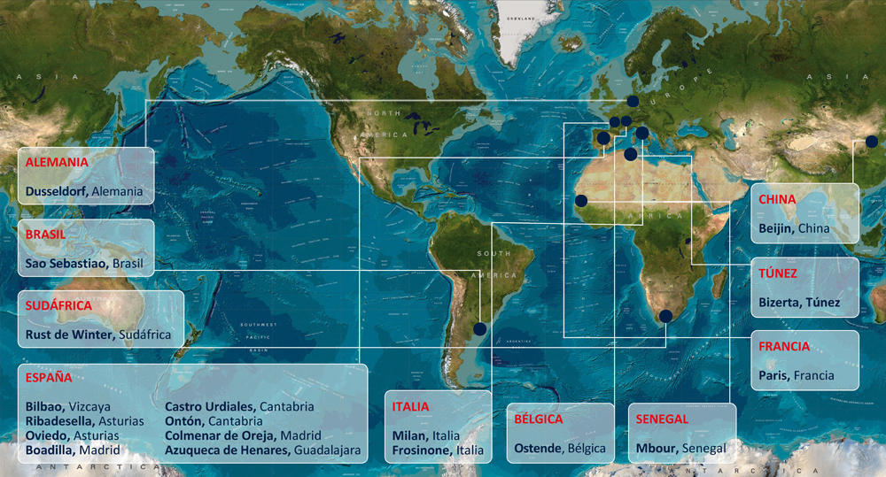 Mapa mundi con las localizaciones de Minersa